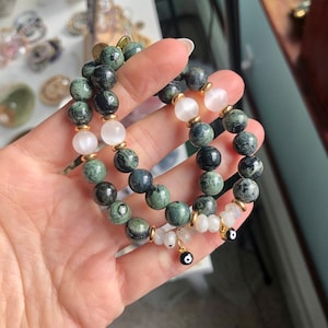 Kambaba Jasper, Moonstone, Selenite, Handmade gemstone bracelet | evil eye gold filled charm | blue flash moonstone | gold filled accents
