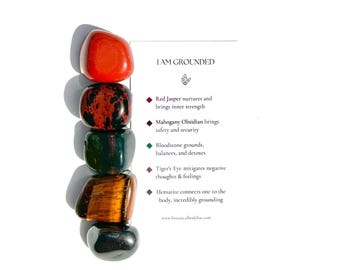 May include: A set of six grounding crystals, including red jasper, mahogany obsidian, bloodstone, tiger's eye, and hematite. The crystals are arranged vertically on a white background with text describing their properties. The text reads "I AM GROUNDED".