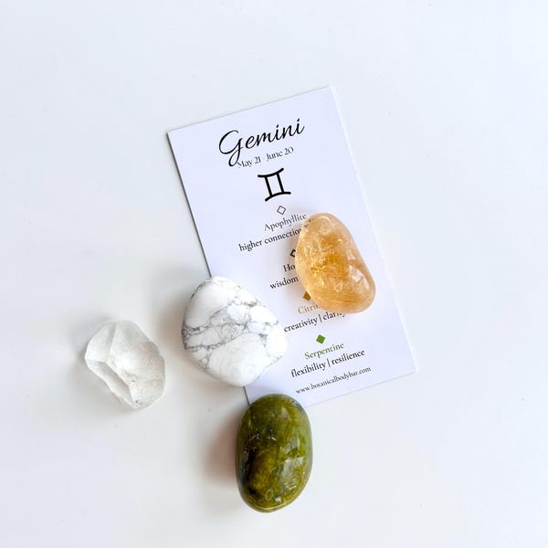 Gemini Zodiac Crystal Set: Apophyllite, Howlite, Citrine, Serpentine