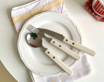 Minimalist French Inspired Style Fork and Spoon Set - white, navy, green, pink colors. Cozy Home Brunch Decoration. Kids, adults Silverware