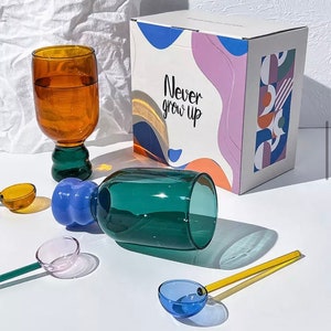 Colored Glasses with Matching Glass Spoon. Two block color Cocktail, champagne drink glasses unique modern mid century glasses