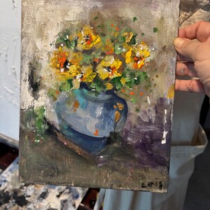 Peinture originale à empâtement jonquille - Art floral texturé - Décoration murale de fleurs jaunes printanières - Semi-abstrait sur carte