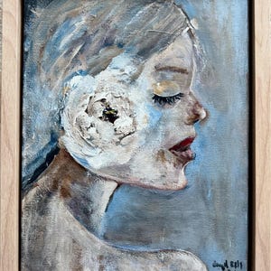 Marco Profesional Acrílico Hecho a Mano Retrato de Mujer Abstracto Azul Color Suave Pintura Artística Del Artista Valentina Day Tarjeta de regalo Arte