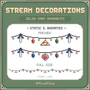 Puede incluir: Gráfico de pixel art con "Stream Decorations" y "Zelda Xmas Ornaments". La imagen muestra vistas previas estáticas y animadas de luces navideñas pixeladas con adornos temáticos. El tamaño completo es de 1920px de ancho.