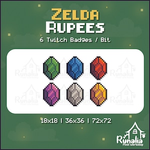 May include: Six pixel art style Twitch badges featuring different coloured Zelda Rupees. The badges are in various sizes: 18x18, 36x36, and 72x72 pixels.