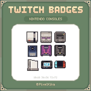 Pode incluir: Badges Twitch em pixel art com várias consolas Nintendo. A imagem apresenta ilustrações pixelizadas de consolas clássicas como a NES, SNES e Nintendo 64, juntamente com consolas modernas. O texto "Twitch Badges" e "Nintendo Consoles" é exibido.