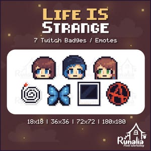 May include: Seven pixel art Twitch badges or emotes based on the video game Life is Strange. The badges feature characters from the game, a butterfly, a camera, and a spiral. The badges are available in various sizes: 18x18, 36x36, 72x72, and 180x180 pixels.