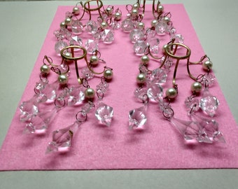 4 Vintage Candlestick Decorations With Hanging Acrylic Prisms & Faux Pearls