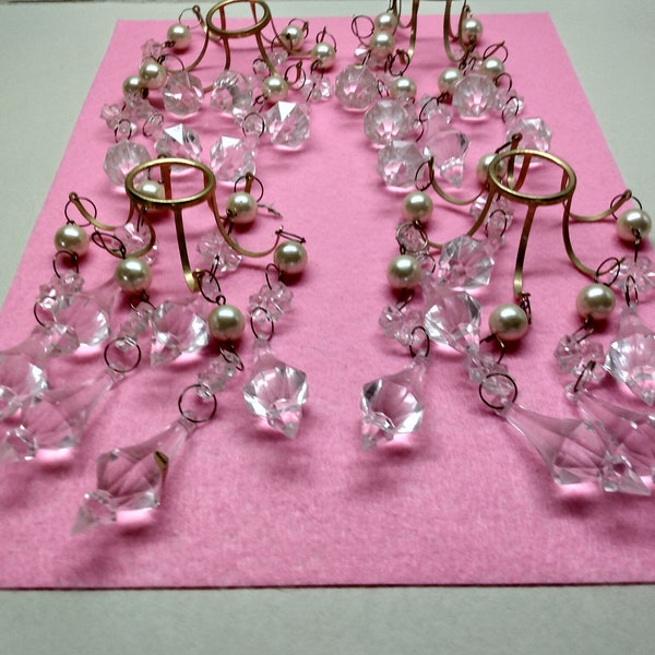 4 Vintage Candlestick Decorations With Hanging Acrylic Prisms & Faux Pearls