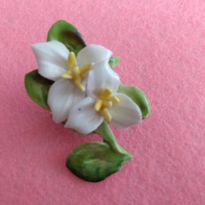 Vintage Royal Adderley Floral Bone China Brooch, 1960&#39;s. White Flowers With Yellow Centers, Green Leaves.