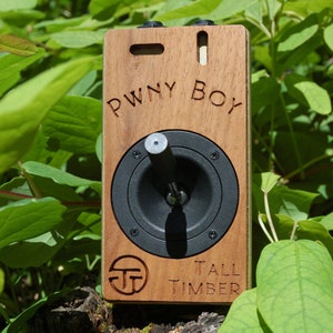 Könnte beinhalten: Ein hölzerner Arcade-Joystick mit einem schwarzen Steuerknüppel und einem schwarzen Knopf. Der Joystick ist mit "PWNY BOY" und "TALL TIMBER" beschriftet.