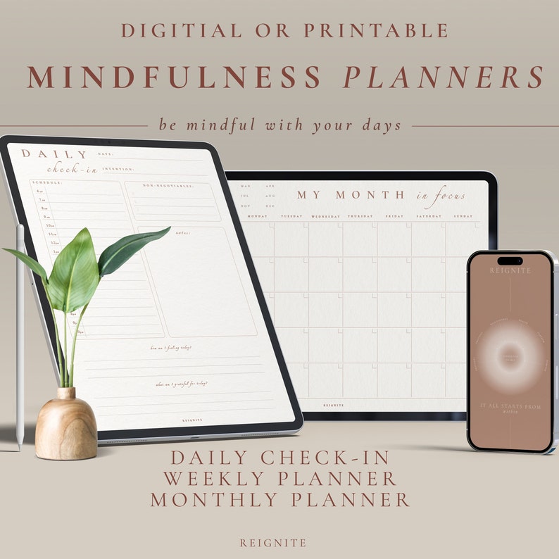 Undated digital or printable daily / weekly / monthly  mindfulness planner for intention, organisation, planning, notes, mindful living.