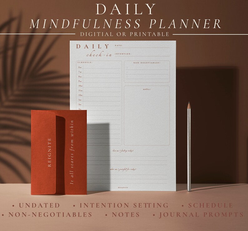 Undated digital or printable daily / weekly / monthly  mindfulness planner for intention, organisation, planning, notes, mindful living.