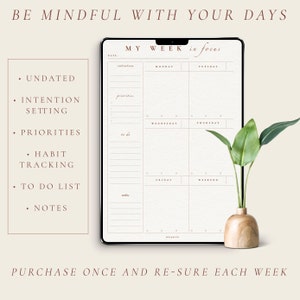 Undated digital or printable daily / weekly / monthly  mindfulness planner for intention, organisation, planning, notes, mindful living.