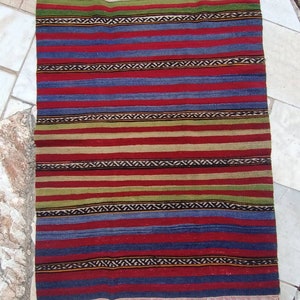 3x3.8FT Vintage striped rug vintage kilim rug vintage turkish rug stripe kilim rug blue stripe rug green stripe rug small kilim rug interior