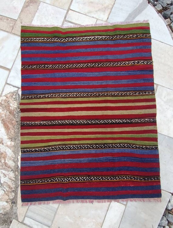 ヴィンテージキリム 3x3.8ft Vintage Striped Rug Vintage Kilim Rug Vintage