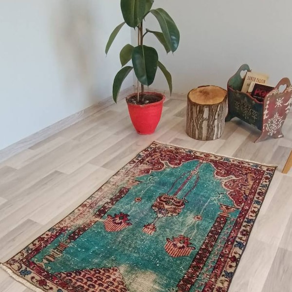 Turkish vintage rug Interior rug small vintage rug 3.8x2.4 ft old vintage rug oushak rug handcraft rug rug blue 2x3 rug 2x4 rug for yachts