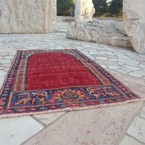 Vintage turkish rug small oushak rug 3.6x2.1 FT Small entryway rug red small vintage rug red Bathroom rug door shops mat rug red Small turkish rug