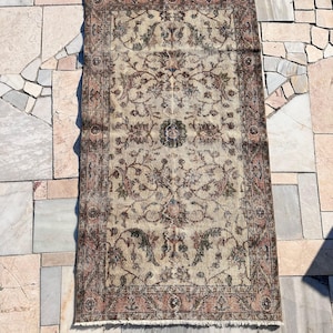3.7x6.9 FT rug for living room rug for dining room oushak area rug flower posies rug vintage rug beige rug 4x7 rug beige interior pink beige