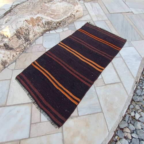 2x4.1 FT stripe kilim rug orange on black stripe shops vintage rug kilim rugs small kilim rug vintage rug vintage turkish rug primitive rug stripe