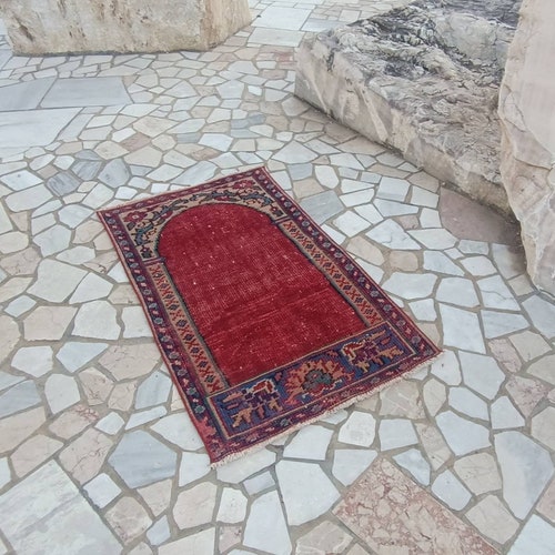 Vintage turkish rug small oushak rug 3.6x2.1 FT Small entryway rug red small vintage rug red Bathroom rug door shops mat rug red Small turkish rug
