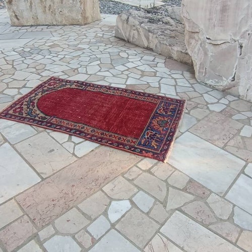Vintage turkish rug small oushak rug 3.6x2.1 FT Small entryway rug red small vintage rug red Bathroom rug door shops mat rug red Small turkish rug