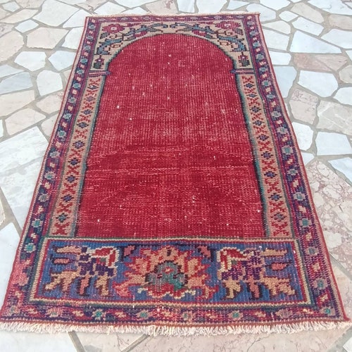 Vintage turkish rug small oushak rug 3.6x2.1 FT Small entryway rug red small vintage rug red Bathroom rug door shops mat rug red Small turkish rug