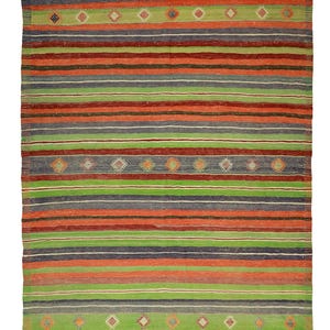 Vintage Turkish Oushak Kilim 9.7 x 5.7 ft Green Orange Handspun Wool Hand Knotted 70 Years Old Traditional Geometric Rug