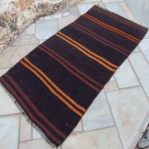 2x4.1 FT stripe kilim rug orange on black stripe shops vintage rug kilim rugs small kilim rug vintage rug vintage turkish rug primitive rug stripe