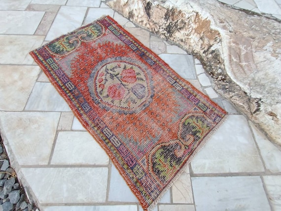 2.2x4.1 FT Faded Vintage Rug Small Turkish Rug Vintage