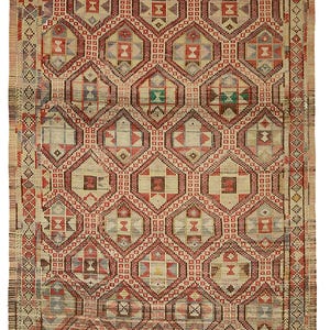Vintage Turkish Oushak Kilim 9.8 x 5.2 ft Red Beige Handspun Wool Hand Knotted 70 Years Old Traditional Geometric Rug