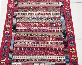 Tapete turco Oushak Kilim pequeno 3x4: Tapete tribal vintage de lã tecido à mão com trama plana.