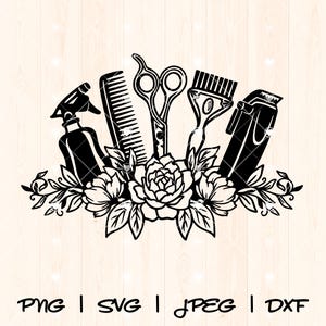 Puede incluir: Silueta en blanco y negro de un conjunto de herramientas de peluquería que incluyen tijeras, peines, una botella de spray, una navaja y un cepillo para el cabello, con acentos florales.