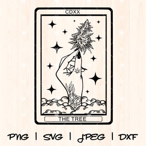 Puede incluir: Ilustración en blanco y negro de una carta de tarot con el título "The Tree" y la palabra "CDXX" en la esquina superior. La carta representa una mano sosteniendo una planta de marihuana con estrellas en el fondo.