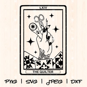 May include: Black and white illustration of a tarot card with the number LXIV and the title "THE QUILTER". The card depicts a hand holding sewing scissors and a thimble.