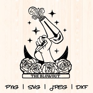 May include: Black and white illustration of a hand holding a hairdryer with a crescent moon and roses behind it. The text "THE BLOWOUT" is below the image.