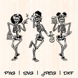 May include: Three black and white skeleton figures with different accessories. The skeleton on the left is holding a bag of snacks, the middle skeleton is holding a joint, and the skeleton on the right is holding a bong.
