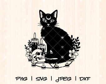 May include: Black silhouette of a cat sitting with a skull and candles. The cat has a crescent moon on its forehead. The candles are surrounded by flowers.