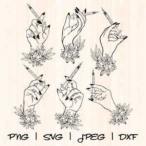 Puede incluir: Seis ilustraciones en blanco y negro de manos sosteniendo jeringas con acentos florales. Las manos están estilizadas y las flores son simples.