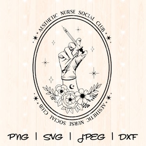 May include: Black and white illustration of a hand holding a syringe with a floral design and the text "Aesthetic Nurse Social Club" around the outside of the circle.