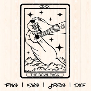 May include: Black and white illustration of a tarot card with the text "CDXX THE BOWL PACK" on the card. The card depicts two hands holding a bowl and a marijuana leaf.