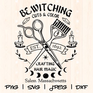 May include: Black and white illustration of a hair salon logo. The logo features a pair of scissors and a hair brush crossed over each other. The text "BEWITCHING CUTS & COLOR" is above the scissors and brush. The text "EST. 1692" is below the scissors and brush. The text "CRAFTING HAIR MAGIC" is below the scissors and brush. The text "Salem, Massachusetts" is below the text "CRAFTING HAIR MAGIC". The text "PNG | SVG | JPEG | DXF" is below the text "Salem, Massachusetts".
