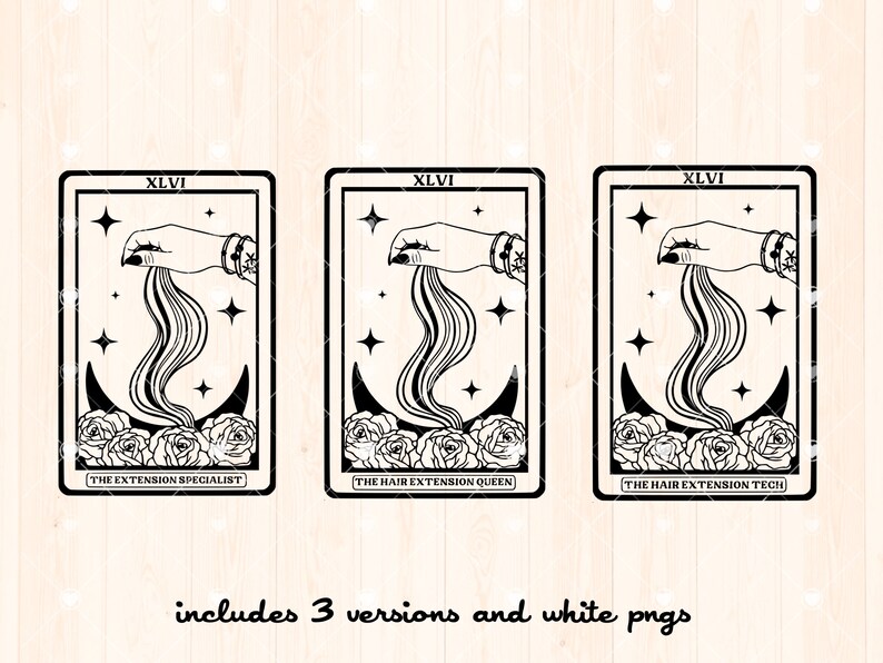 Puede incluir: Tres ilustraciones de cartas de tarot en blanco y negro con el n&uacute;mero romano XLVI y el texto "The Extension Specialist", "The Hair Extension Queen" y "The Hair Extension Tech". Cada carta presenta una mano sosteniendo una corriente de cabello que fluye hacia abajo hacia una luna creciente y rosas.