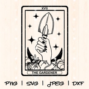 Gartenarbeit | Garten-Svg Png | Gärtnerin geschnitten Datei | Gemüse geschnitten Datei | Gartenwerkzeuge | Pflanzen Mom zwart | Veggie Tarot Karten Gartenarbeit Cut File