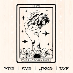 May include: Black and white illustration of a hand holding a vintage camera, with stars and flowers surrounding it. The card reads "LXXVI THE PHOTOGRAPHER".