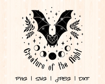 Goth vleermuis Svg | Vleermuis gesneden bestand | Spookachtige vleermuis Svg | Maanfase Svg | Heksen-svg | Mystic hemelse bloemen Svg | Griezelig schattig grappig dier Svg png