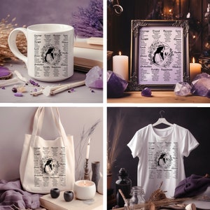 May include: A white tote bag with a black and white design featuring a witch with a circle of words around her. The words include "Courage", "Travel", "Success", "Love", "Insight", "Luck", "Peace", "Money", "Health", "Protection", "Fertility", "Happiness", and "Wisdom".