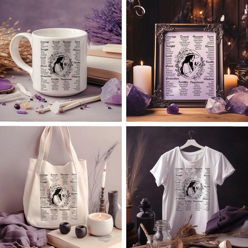 May include: A white tote bag with a black and white design featuring a witch with a circle of words around her. The words include "Courage", "Travel", "Success", "Love", "Insight", "Luck", "Peace", "Money", "Health", "Protection", "Fertility", "Happiness", and "Wisdom".