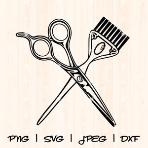 May include: Black and white illustration of a pair of scissors and a hair dye brush crossed over each other.