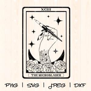 May include: Black and white illustration of a tarot card with the number XIII and the text "THE MICROBLADER". The card depicts a hand holding a tool, surrounded by stars and flowers.